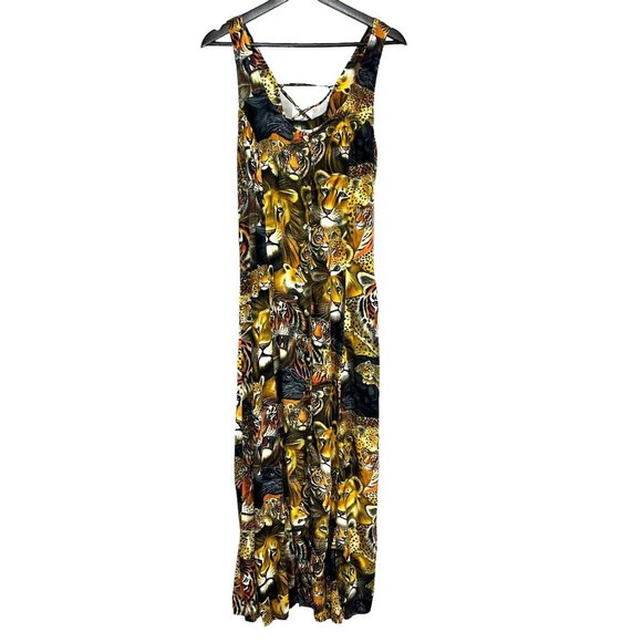 Vintage Dresses & Skirts - Vintage 90s Big Wild Cat Sleeveless Back Lace Up Button Up Full Length Dress Lar